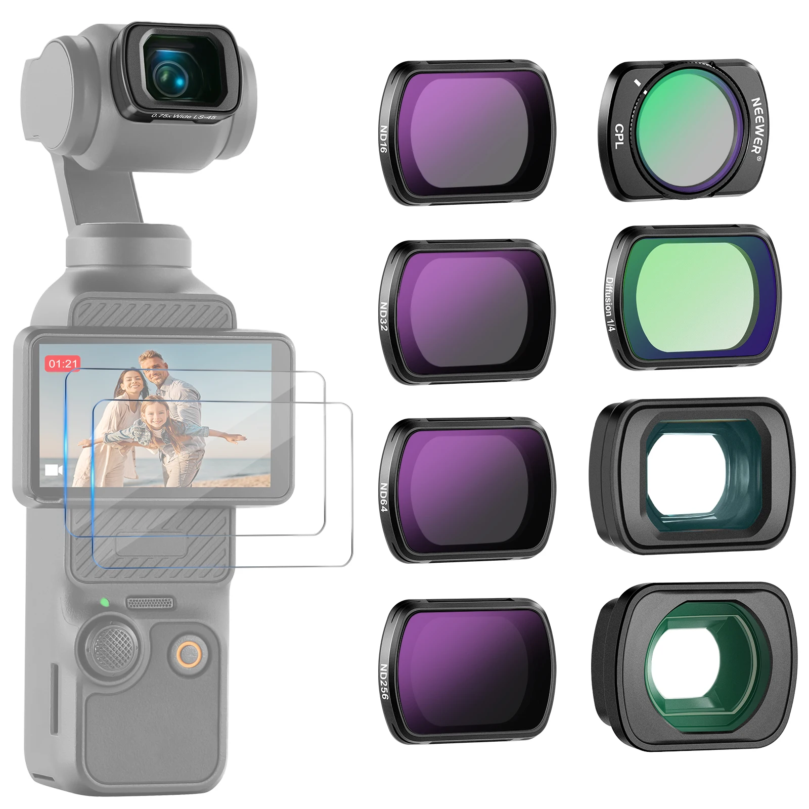 NEEWER Akcesoria filtracyjne do DJI Osmo Pocket 3 Magnetyczny filtr CPL, obiektyw szerokokątny 0,75X, 2 osłony ekranu Filtr fotograficzny — zdjęcie produktu 7