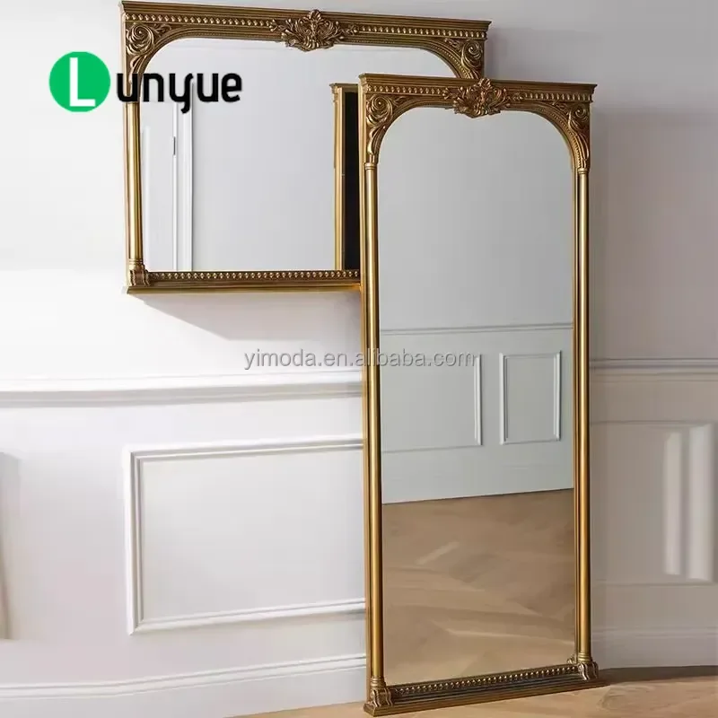 Espelho de Chão Dourado Entalhado em Estilo Art Déco Francês, Tamanho Personalizado, Decoração de Parede Suspensa, Estilo Vintage Elegante para Sala d