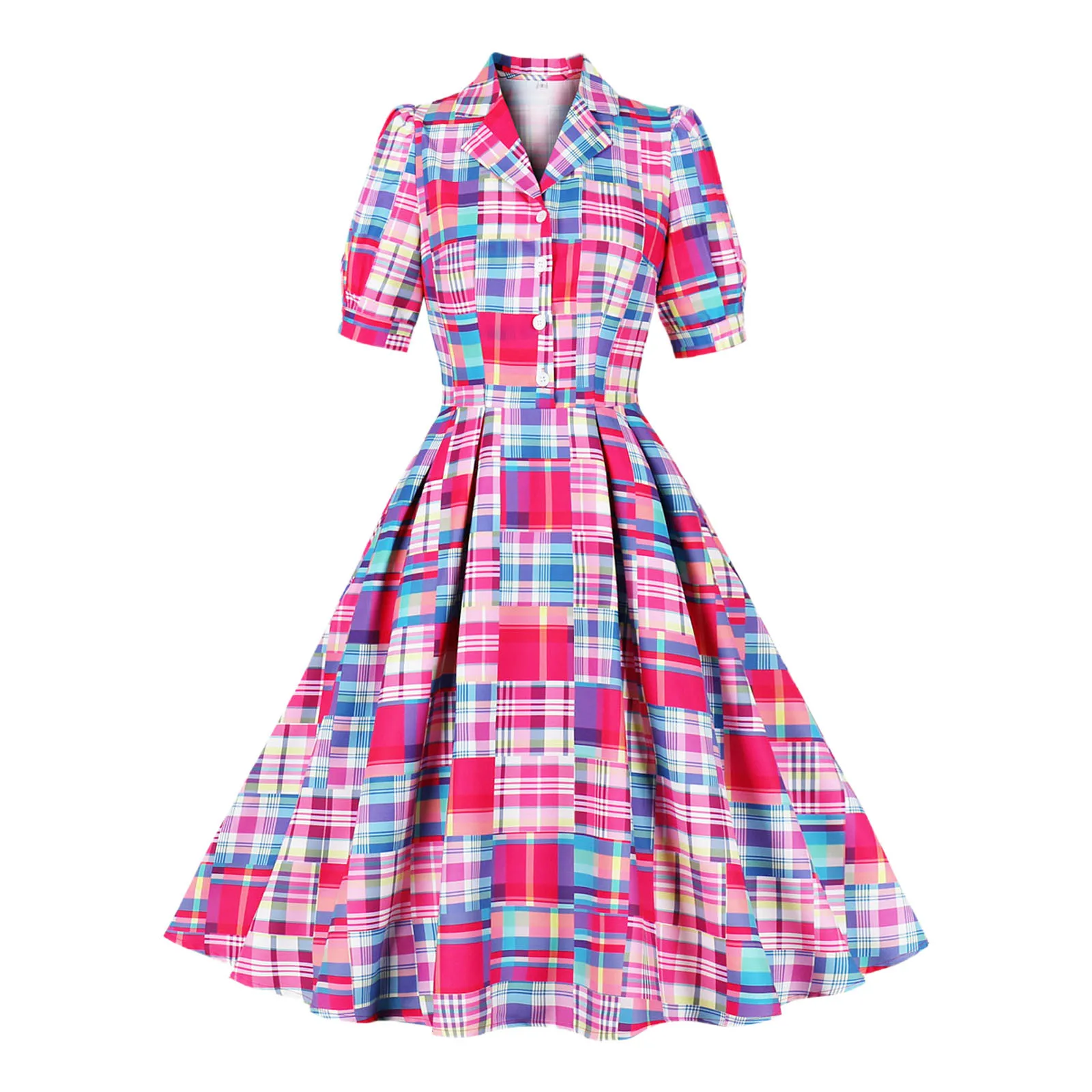 Party Dresses Women'S Elegant Vintage Rockabilly Dress For Women 1950s Style Red And Blue Plaid Cardigan Button Ropa Para Mujer