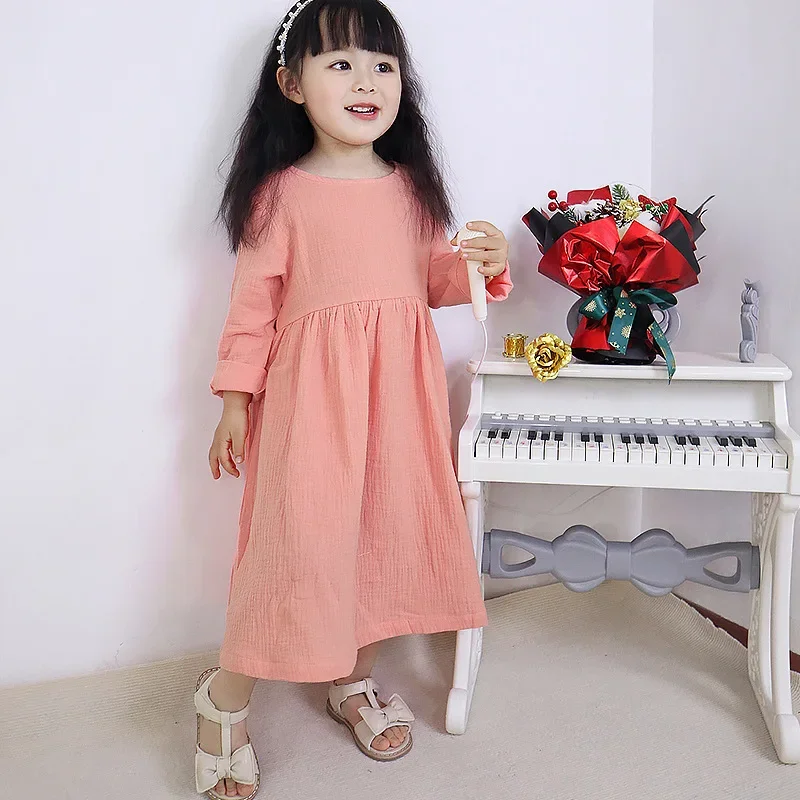 100% Cotton Retro Girl Dress Autumn New Baby Kids Casual And Comfortable Long Sleeve Button-Down Dresses Children Clothing 6