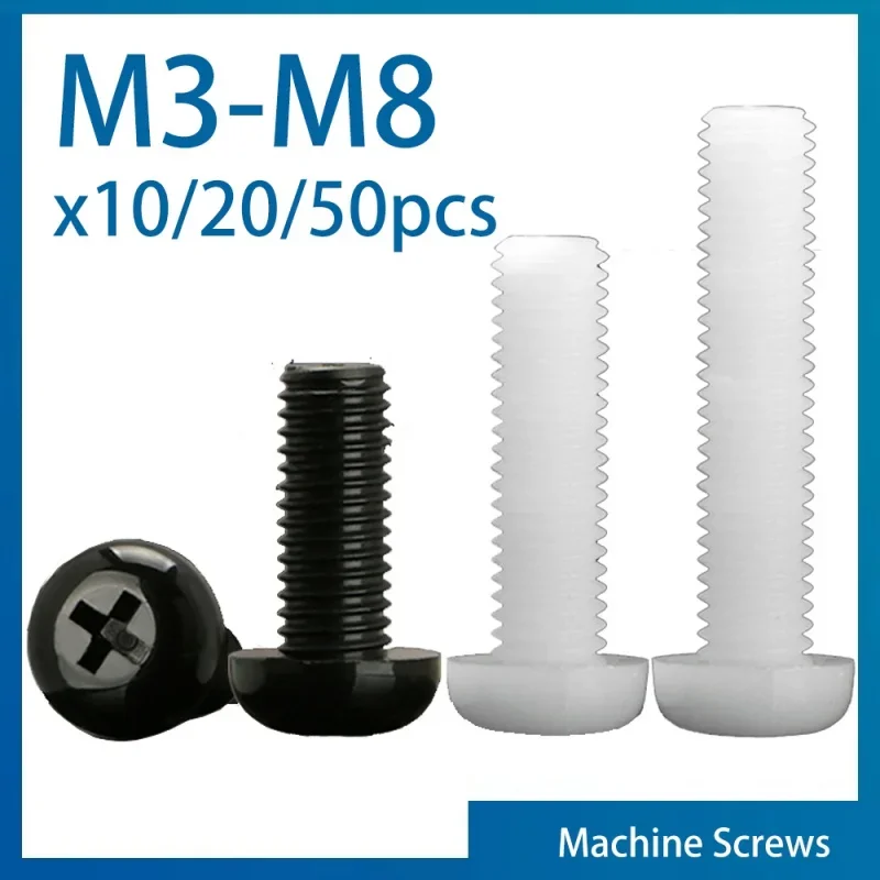 10/ 20/ 50pcs Black White Nylon Plastic Phillips Pan Head Cross Round Screw Bolt M2 M2.5 M3 M4 M5 M6 M8 Length 4-50mm
