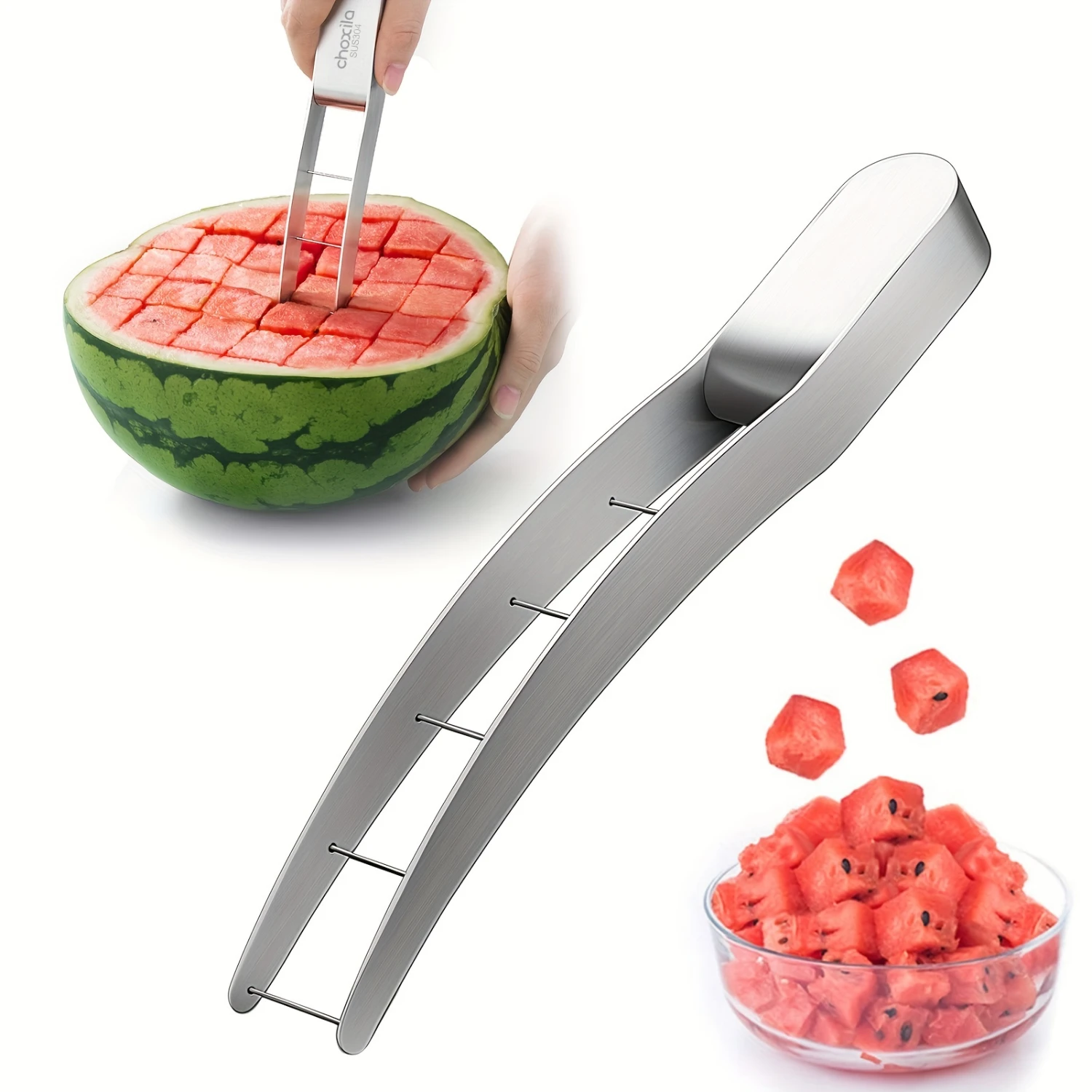 Quick and Safe Watermelon Cutter - Stainless Steel Cube Cutter for Fruit Salad and Melon - Kitchen Gadget and Accessory for Easy