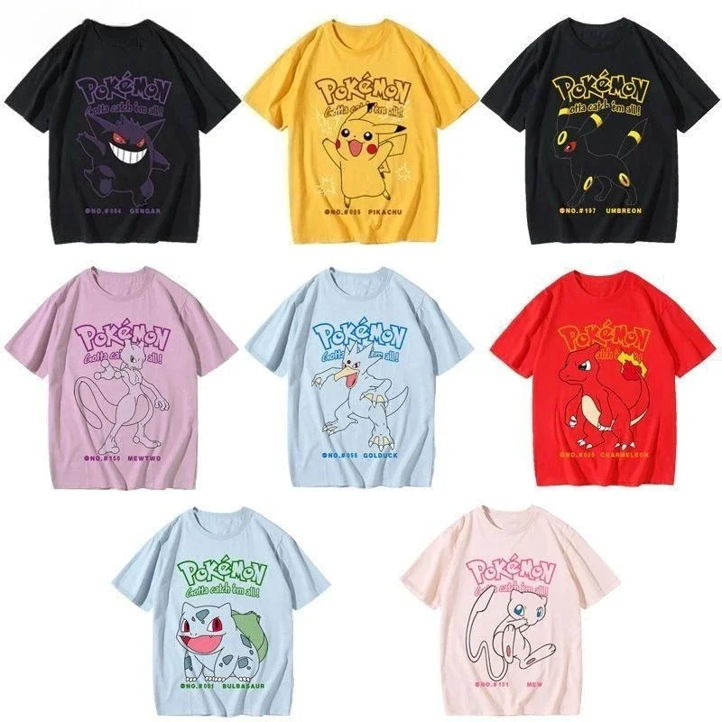 Adult and Children's Pokémon Cartoon Multi-style Pure Cotton Short Sleeves, Loose Casual Couple T-shirts