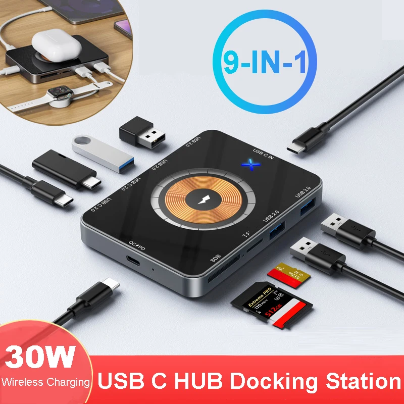 9-in-1 USB C HUB 30W Wireless Charging Type C HUB Docking Station Fast Charging USB 3.0 HUB 5Gbps for PC Laptop MacBook pro