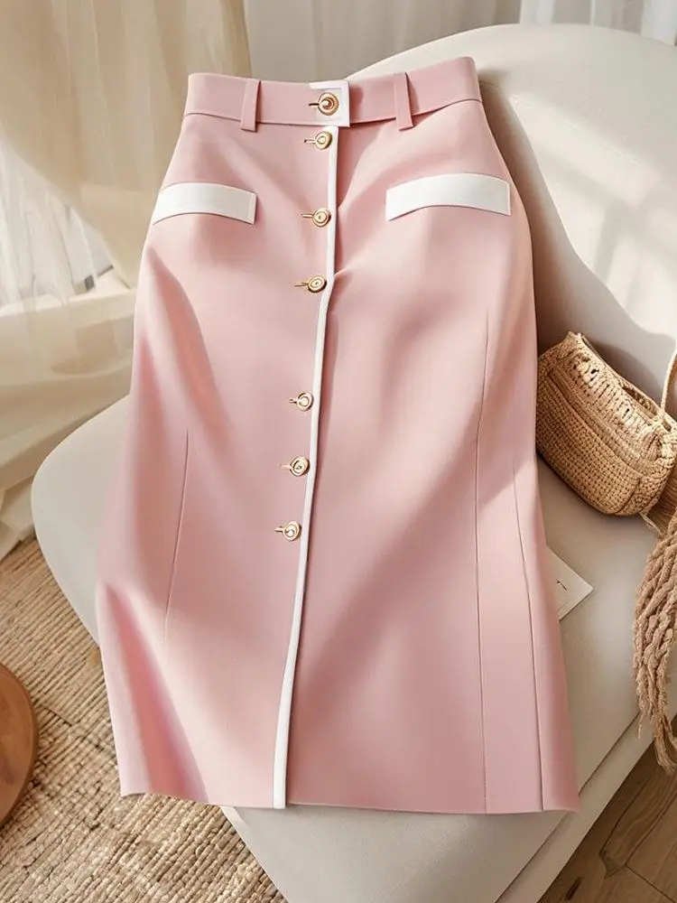 

2025 Summer New Skirts Contrast Color Single Breasted High Waist Long Skirt Fashion Elegant Design Female Slim Women's Clothing