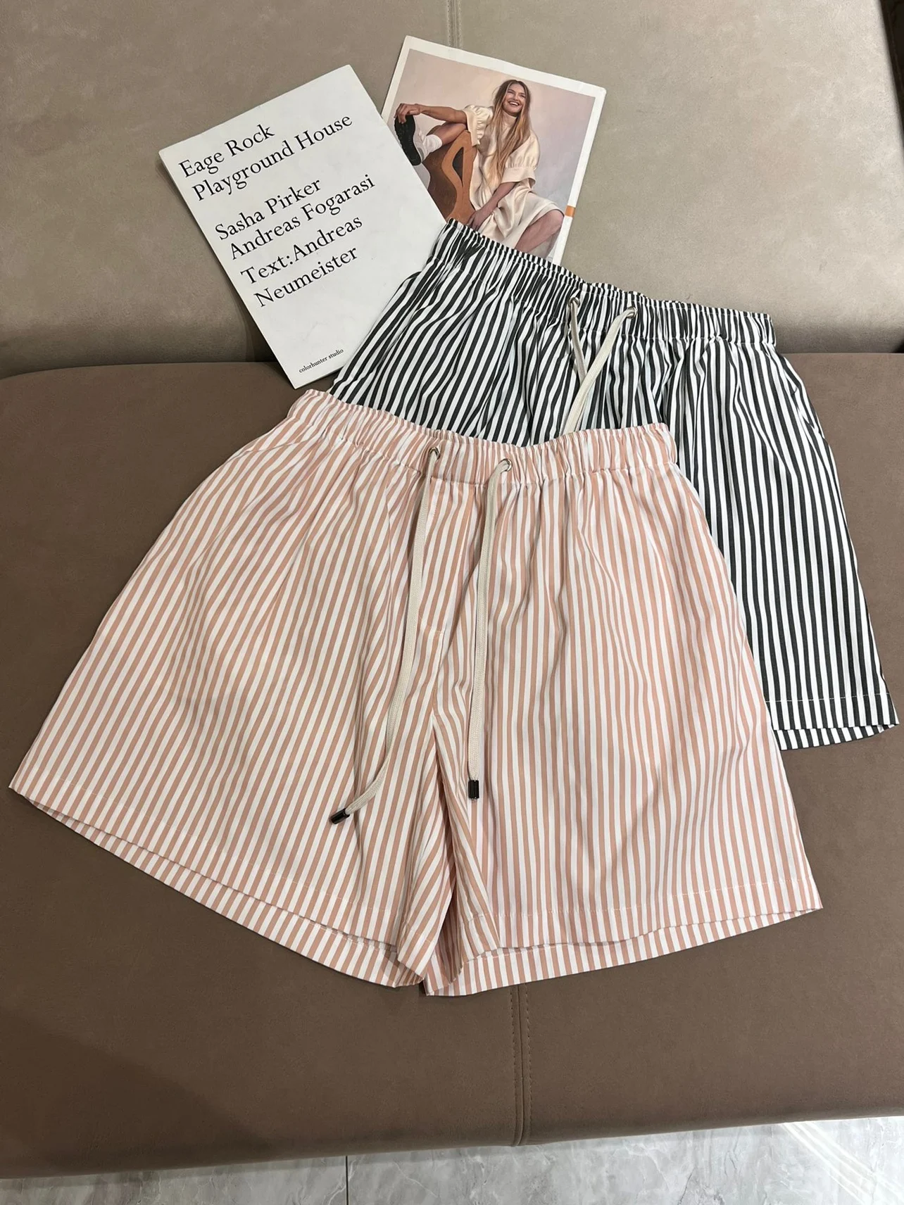 Spring  Women's Shorts Set Cotton Stripe Shirt Top + High Waist Shorts 2 Piece Set Blouse Summer Woman Clothing