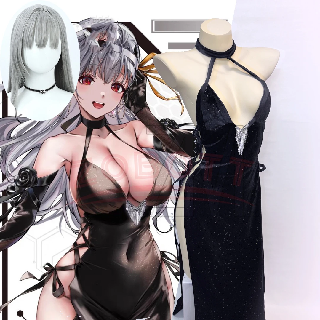 

Anime The Goddess of Victory Divine Punishment Cosplay Costume Halloween Black Sexy Women Long Dress Gloves Props Wig Uniform