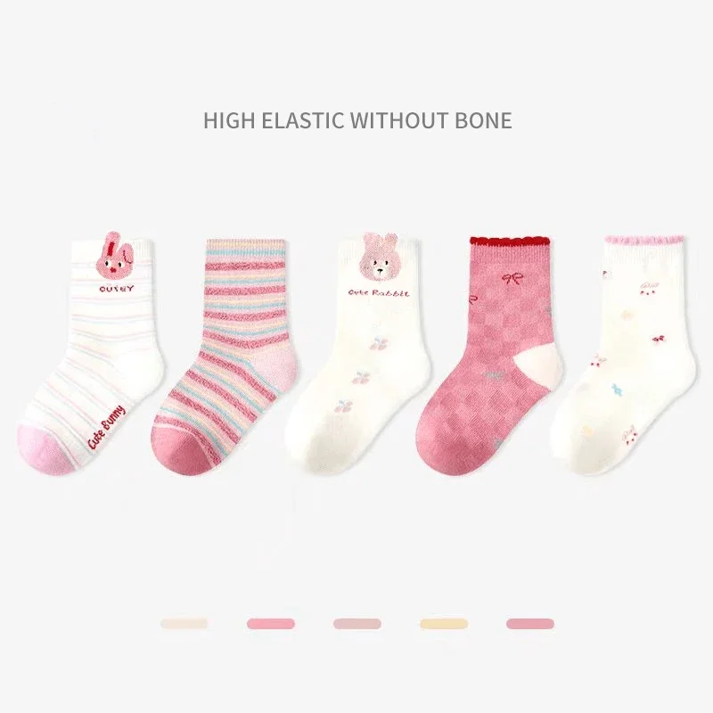 

Cartoon Rabbit Kids Girls Half Socks Pink High Elastic Combed Cotton Soft Striped Sweet Comfortable Socks for Children Girls