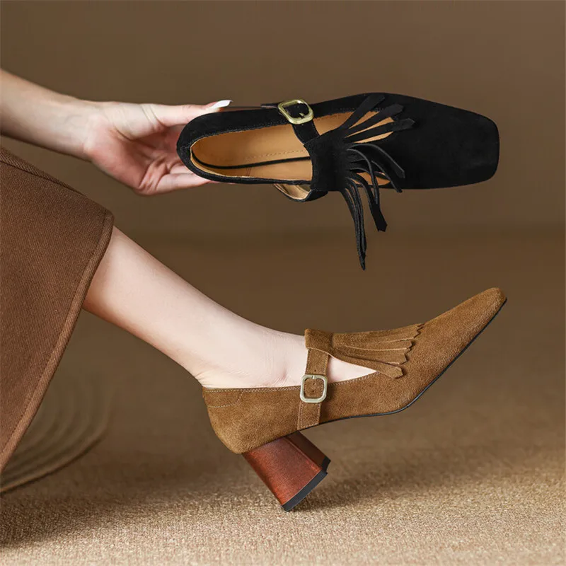 

New Spring Women Shoes Mary Jane Square Toe Tassel High Heels Cow Suede Chunky Heel Women Pumps Shoes for Women Zapatos De Mujer