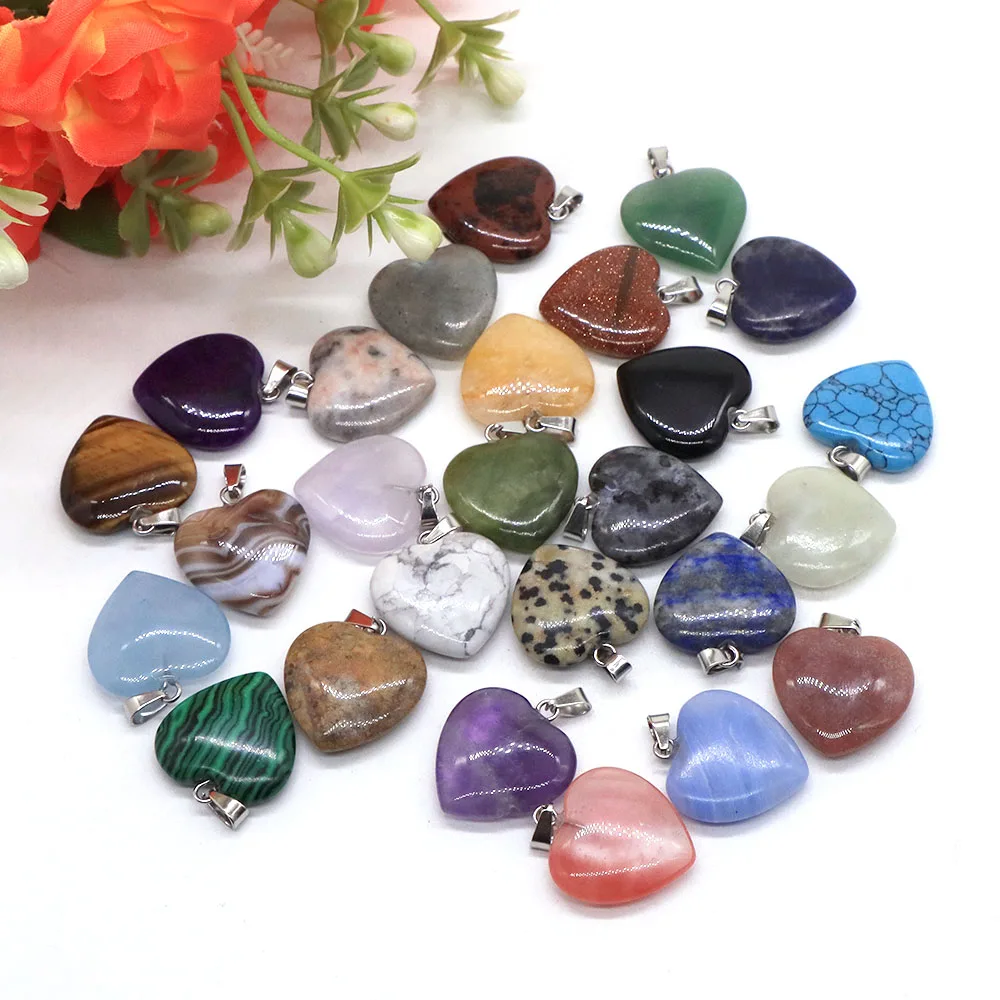 10PC/Set Natural Agate Turquoises Quartz Heart Shape Pendant Crystal Amethyst Healing Gemstone Necklace Women Charm Jewelry 16mm