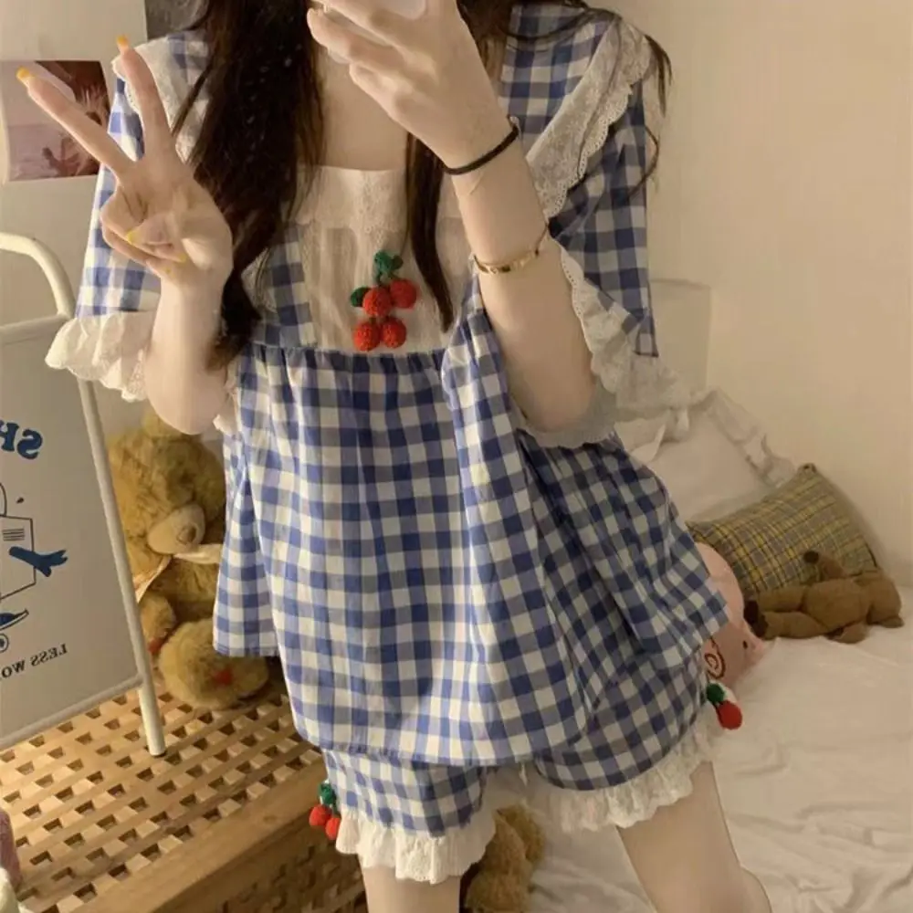 Cherry Lace Grid Pajama Suit Square Neck Short Sleeve Shorts Camisole Nightwear Loose Women Homewear Two Pieces Sleepwear Sets