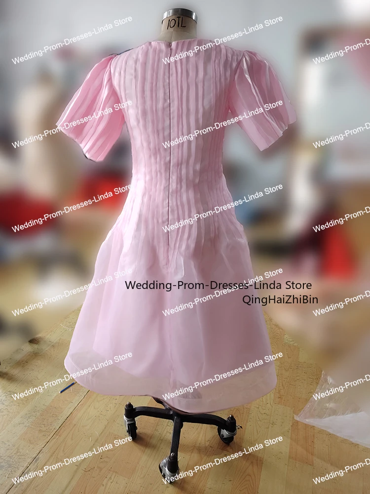Pink O-Neck A-line Tea-Length Organza Form Evening Dresses for Women Prom Gowns Birthday Party Dress 2024 Customized