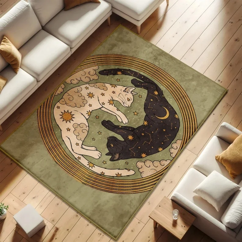Yin Yang Cat Carpet Black and White Cat Large Carpet Bohemian Style Cat Door Mat Home Decoration Gift for Cat Lovers