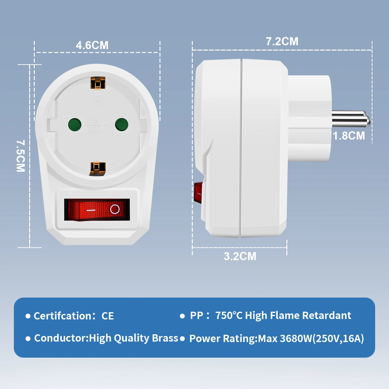 3PCS EU Socket Adapter With Switch ON/OFF European Standard Power Conversion Plug 250V 16A Electrical Outlet Extension Plug