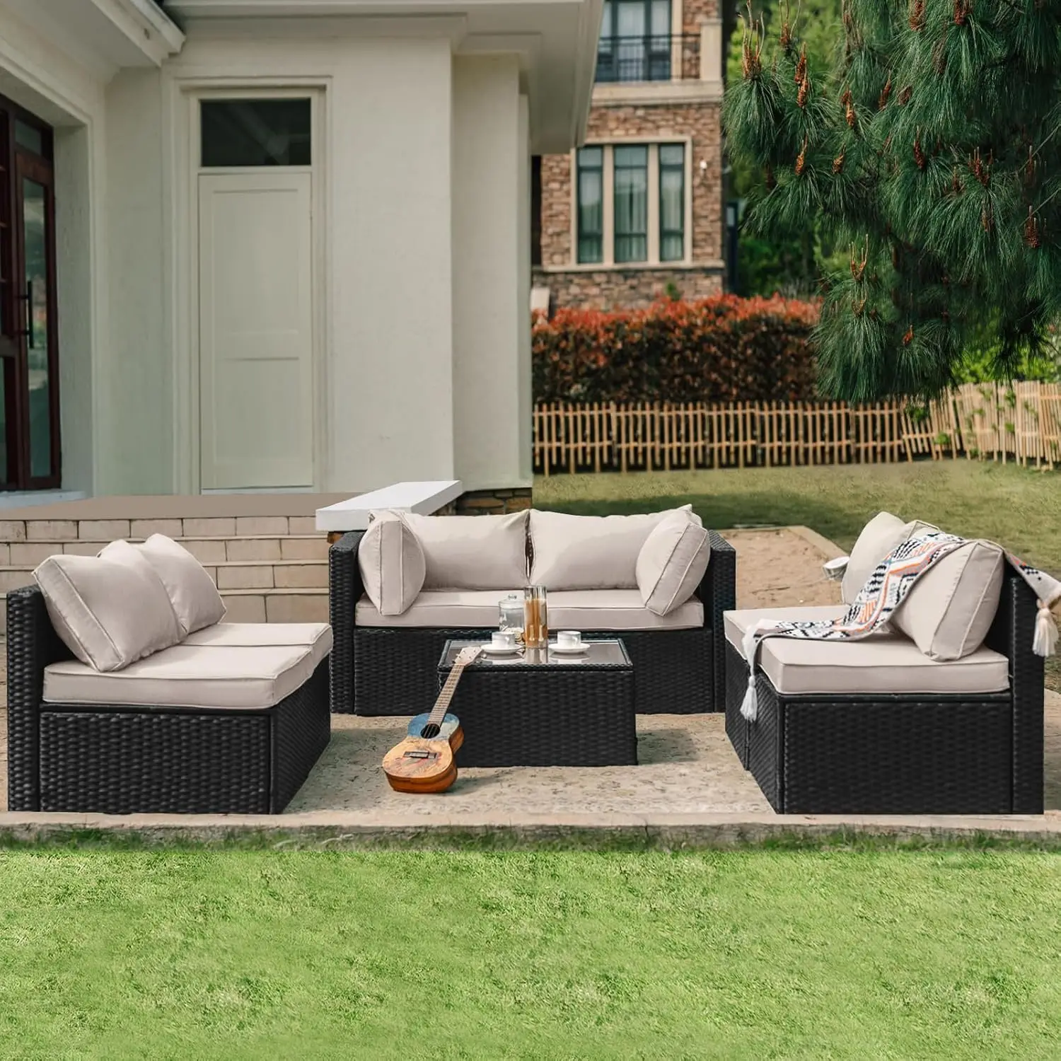 7-teiliges Terrassenmöbel-Set-Outdoor-Korb-Rattan-Möbel mit Kissen und Glas tisch Patio-Gesprächs sets