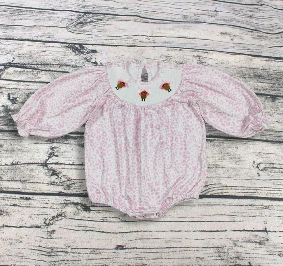 

9.1 Girl Toddler Thanksgiving Children Embroidery turkey Bows Romper Wholesale Kids Newborn Coverall Floral Smocked Bodysuit