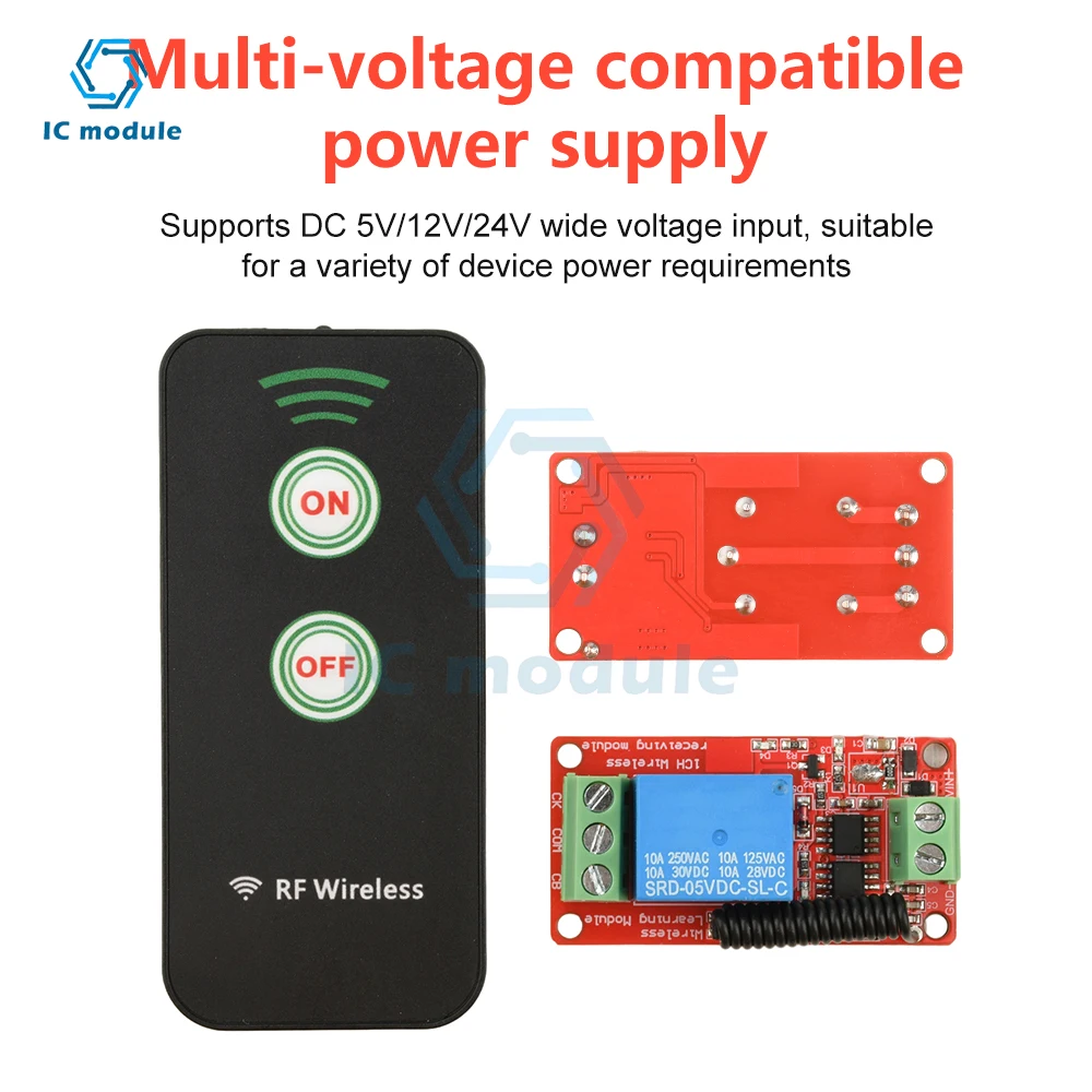 

433MHz Wireless Remote Control Relay Module DC 5V/12V/24V Wireless Remote Control Receiver Switch 2-button Remote Control