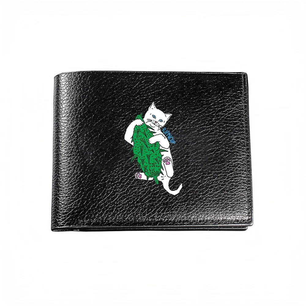 White Cat Holding Green Cabbage Pattern Men's Wallet Casual Business Fashion Print Design Stylish Card Holder Accessory