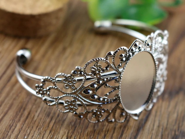 High Quality  18x25mm Rhodium Colors Plated Bangle Base Bracelet Blank Findings Tray Bezel Setting Cabochon Cameo  (K7-39)