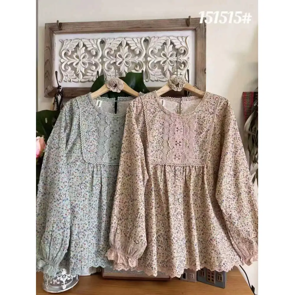 النساء موري كي الملابس خمر الأزهار طباعة التطريز تي شيرتات قطن ربيع الخريف س الرقبة طويلة الأكمام بلوزة فضفاضة غير رسمية القمم