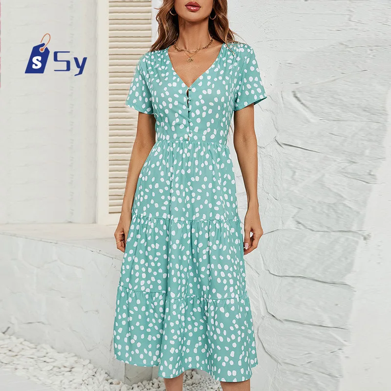 

Sy Women's Elegant Dresses Summer New Broken V-neck Waist Long Dress With Lotus Leaf Sleeves High Waist Holiday Style Dress