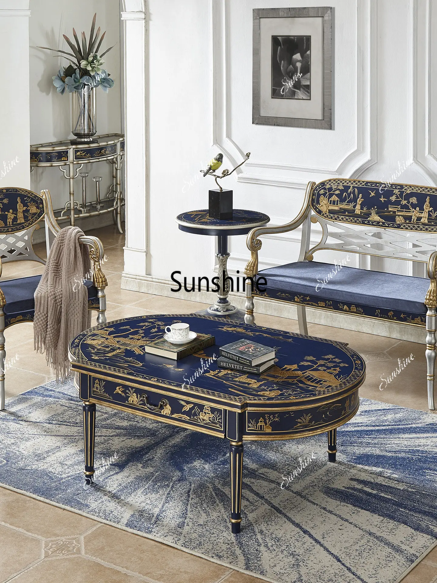 

Medieval painted oval solid wood coffee table, classical living room sofa table