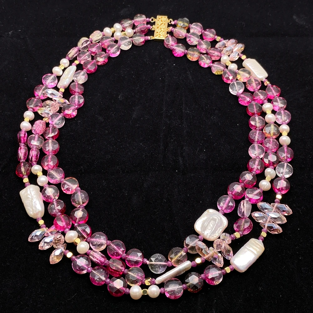 Y·YING 3 Rows Fuchsia Coin Faceted Crystal White Rectangle Pearl Necklace Multi Statement Jewelry