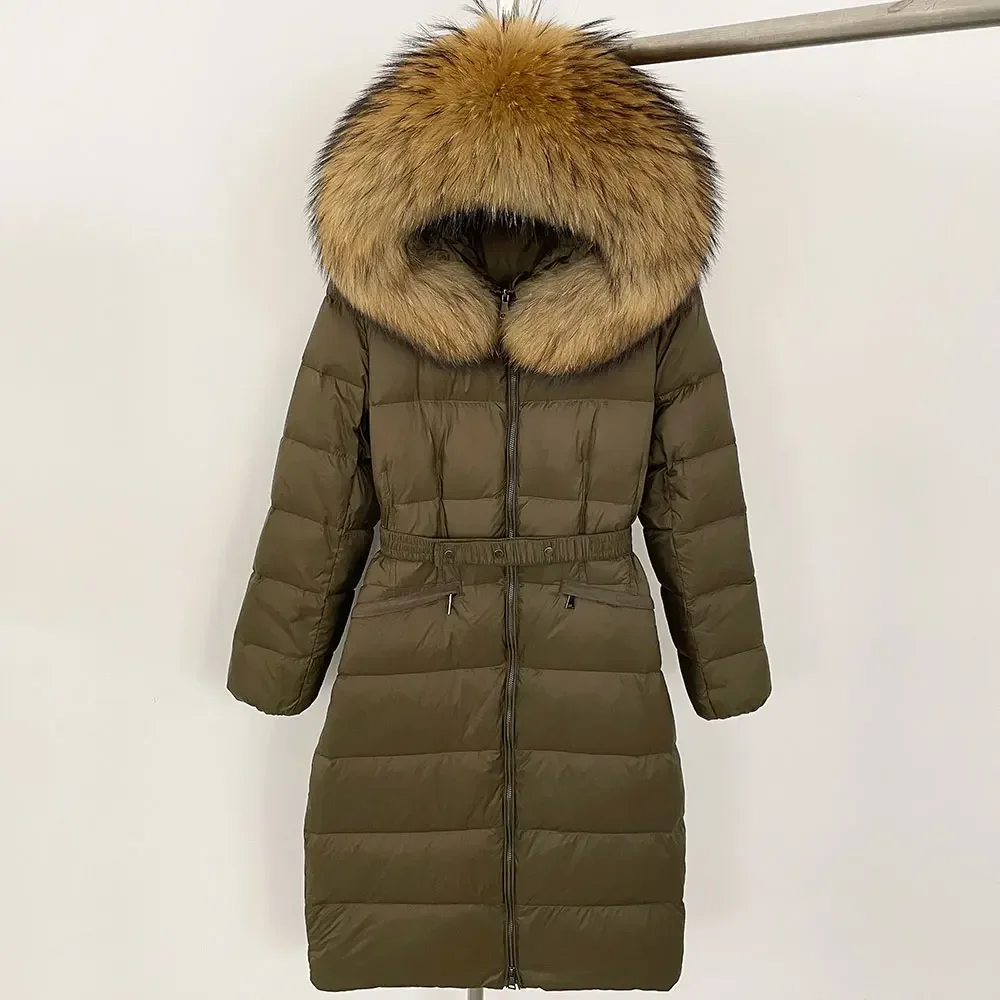 เสื้อโค้ทขนแรคคูนมีฮู้ดหนาสำหรับฤดูหนาวเสื้อโค้ทขนเป็ดสีขาวเสื้อแจ็คเก็ตขนสุนัขจิ้งจอกธรรมชาติสำหรับผู้หญิง