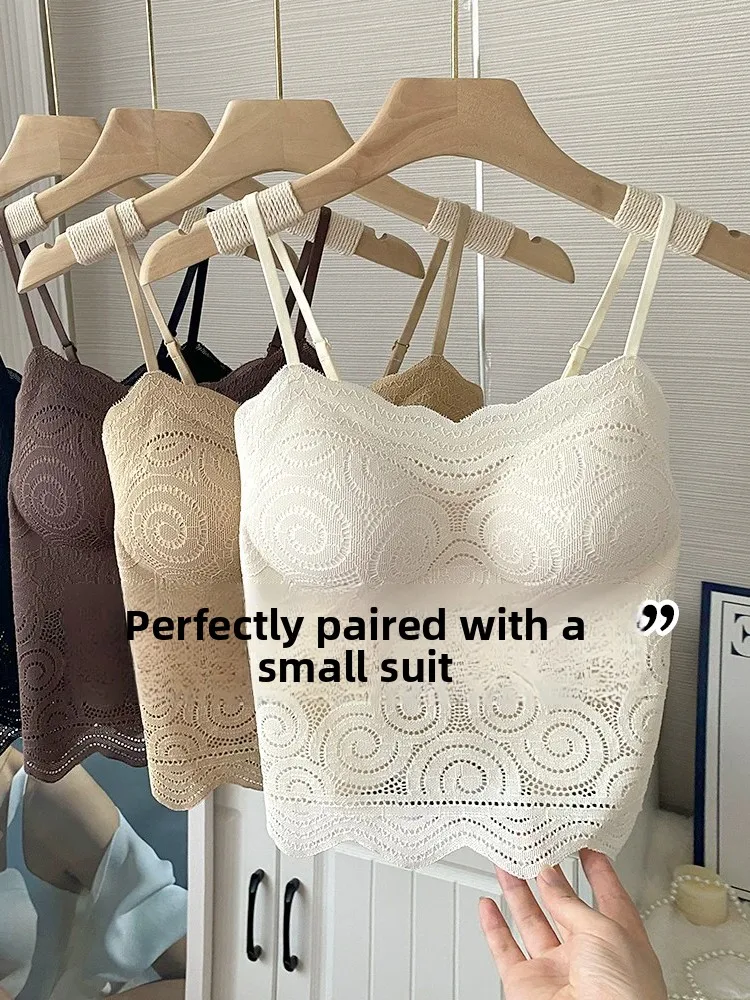 Lace Backless Crop Top Women's Outerwear with Chest Pad Bra Integrated Inner Wear Small Chest Gathered Base Sexy Underwear