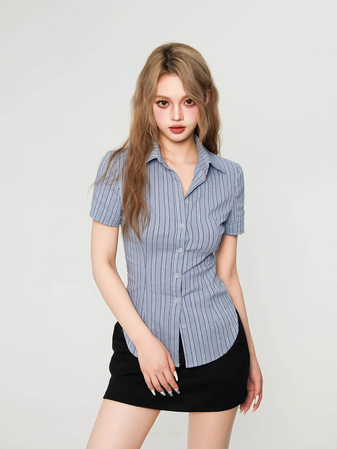 

EU IIWAN Women's Slim Fit irt ort Sve Striped Academy Sle Design Breathable Cotton Polyester Blend V Ne Summer ...