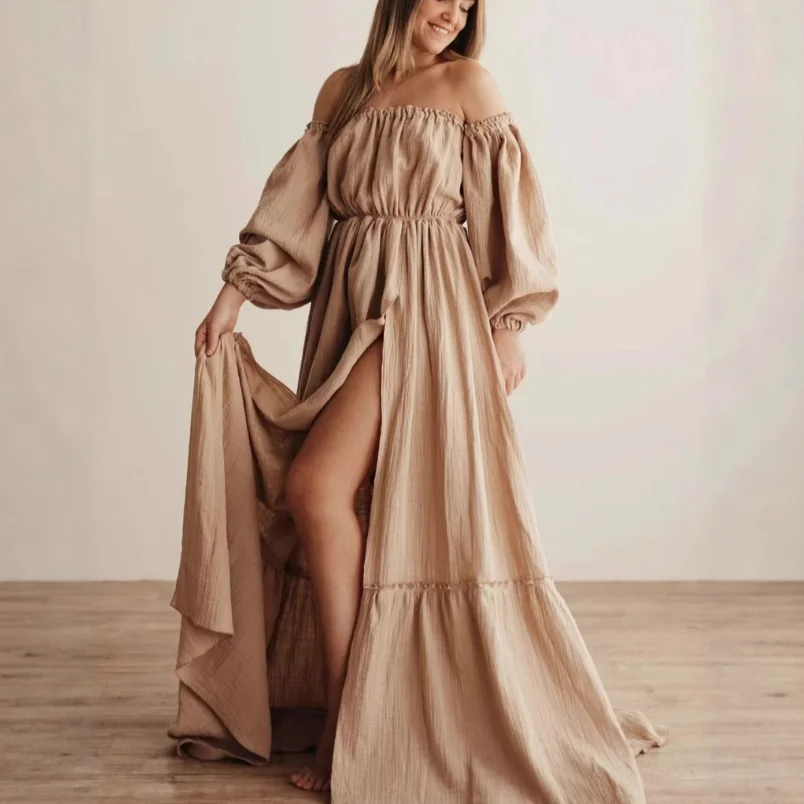 maternity-photoshoot-dress-sexy-off-shoulder-gown-playful-puff-sleeves-leg-baring-slit-clothes-for-pregnant-women-photograph