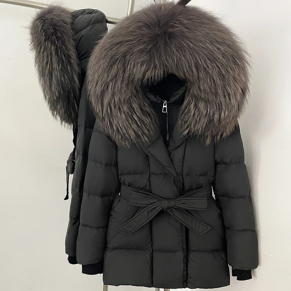 OFTBUY Damen-Winterjacke aus Entendaunen mit großem, natürlichem Fellkragen, Kapuze, Reißverschluss, Gürtel und tailliertem Schnitt, mit Fell für Damen – Detail 10
