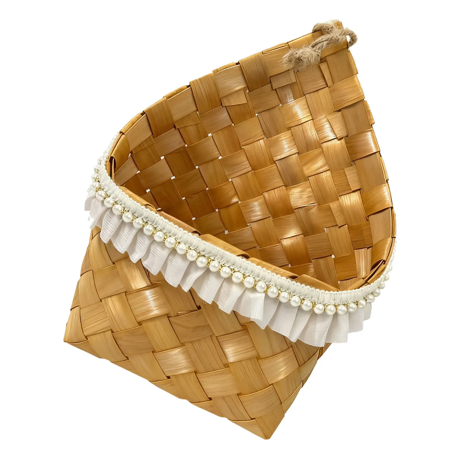 

Wood Wall Hanging Flower Basket Woven Rustic Design with Waterproof Lining Pearl Trim for Green Plants Trailing Vines Decorative