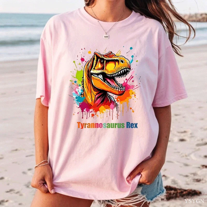Women Tee Color Splash T Rex Dinosaur Vibrant Paint Drip Graphic Print Round Neck Short Sleeve Soft Ladies Casual Loose Shirt