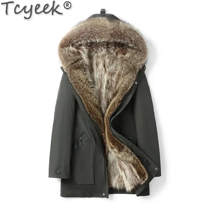 Tcyeek-Doublure en fourrure de vison véritable pour hommes, manteau à capuche, vestes mi-longues, vêtements décontractés, hiver, LM250