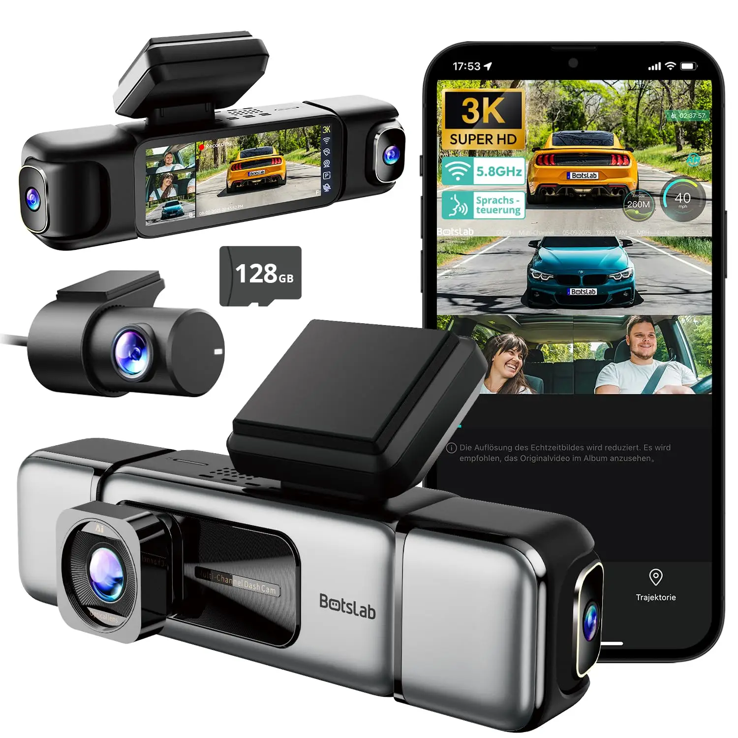 Botslab 4K/3K Ultra HD Dash Cam a 4 canali G980H, 560 °   Telecamera per auto anteriore posteriore e interna all'angolo con GPS, supporto di guida di sicurezza ADAS, visione super notturna WDR,