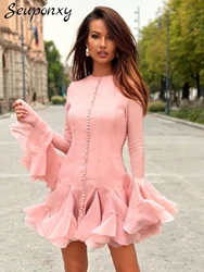 High Quality Sexy O-Neck Ruffle Sleeves Single Breasted Ruffle Edge Women'S Mini Dress Elegant Birthday Party Dress Vestdos