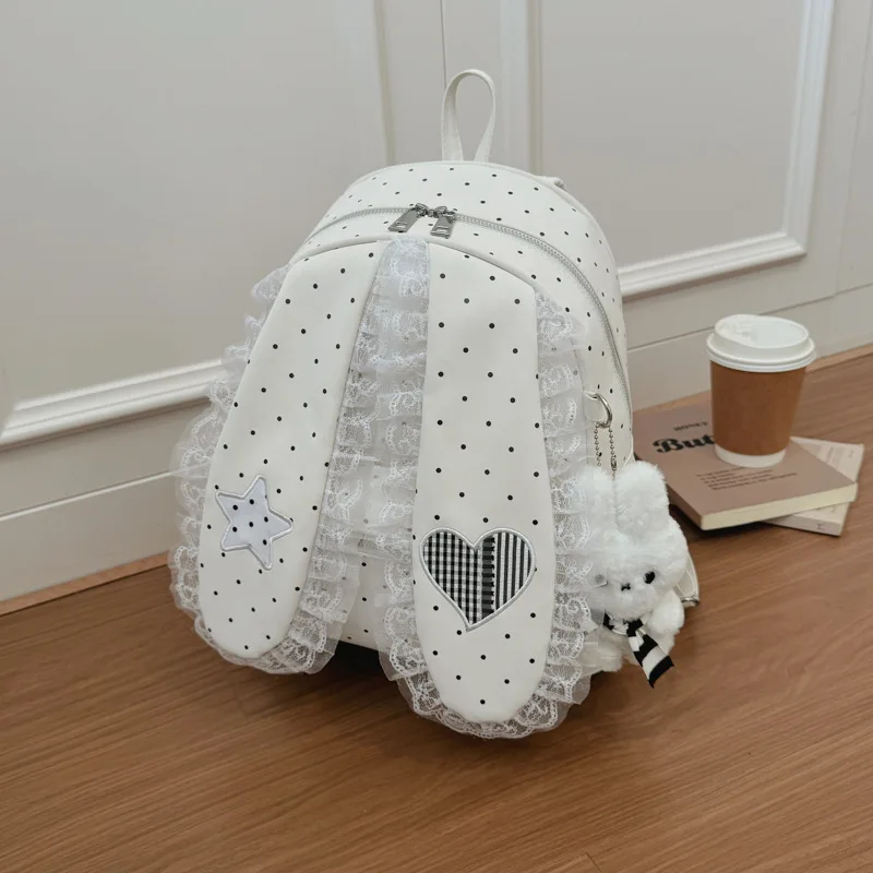 Sweet Lace Polka Dot Bunny Ear Backpack for Women Star Heart Versatile Girls Shoulder Bags Lightweight Portable Student Handbag