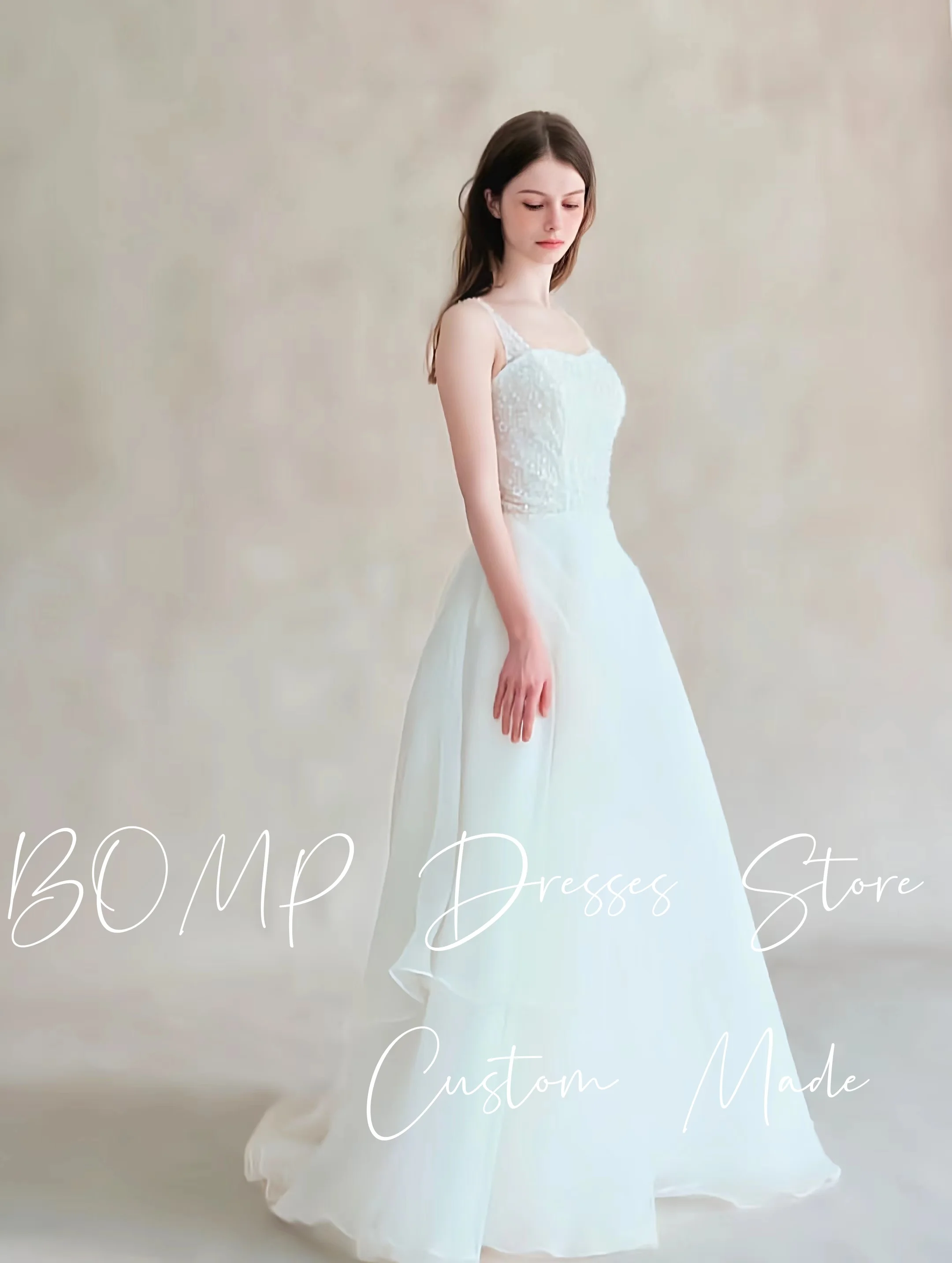 Bomp princesa arco cintas de espaguete vestido de casamento a linha miçangas marfim tule coreia sessão de fotos vestido de noiva personalizado elegante