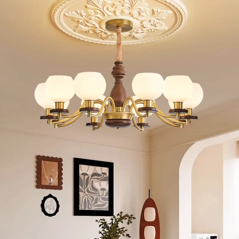 

French Retro Brass Ceiling Chandeliers Rotundity Glass Hanging Lamp Living Room Bedroom Kitchen Restaurant Wooden Pendant Lights