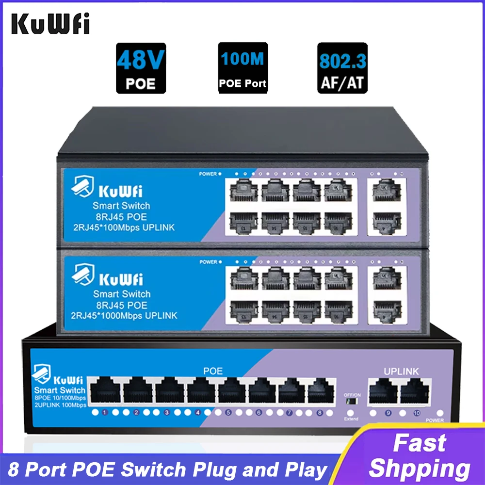 KuWfi 8 พอร์ต POE Switch 100Mbps เครือข่าย Ethernet Switch 4KV ป้องกันฟ้าผ่า Plug and Play สําหรับกล้องวงจรปิด IP กล้อง home Security