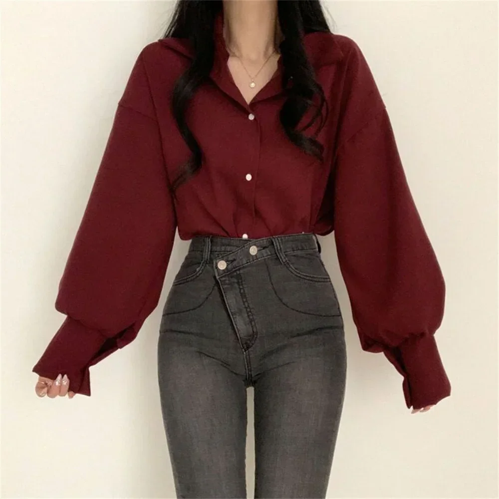 

Korean Fashion White Shirt for Women Turn-down Collar Lantern Sleeve Office Lady Top Elegant Casual Solid Color 2026
