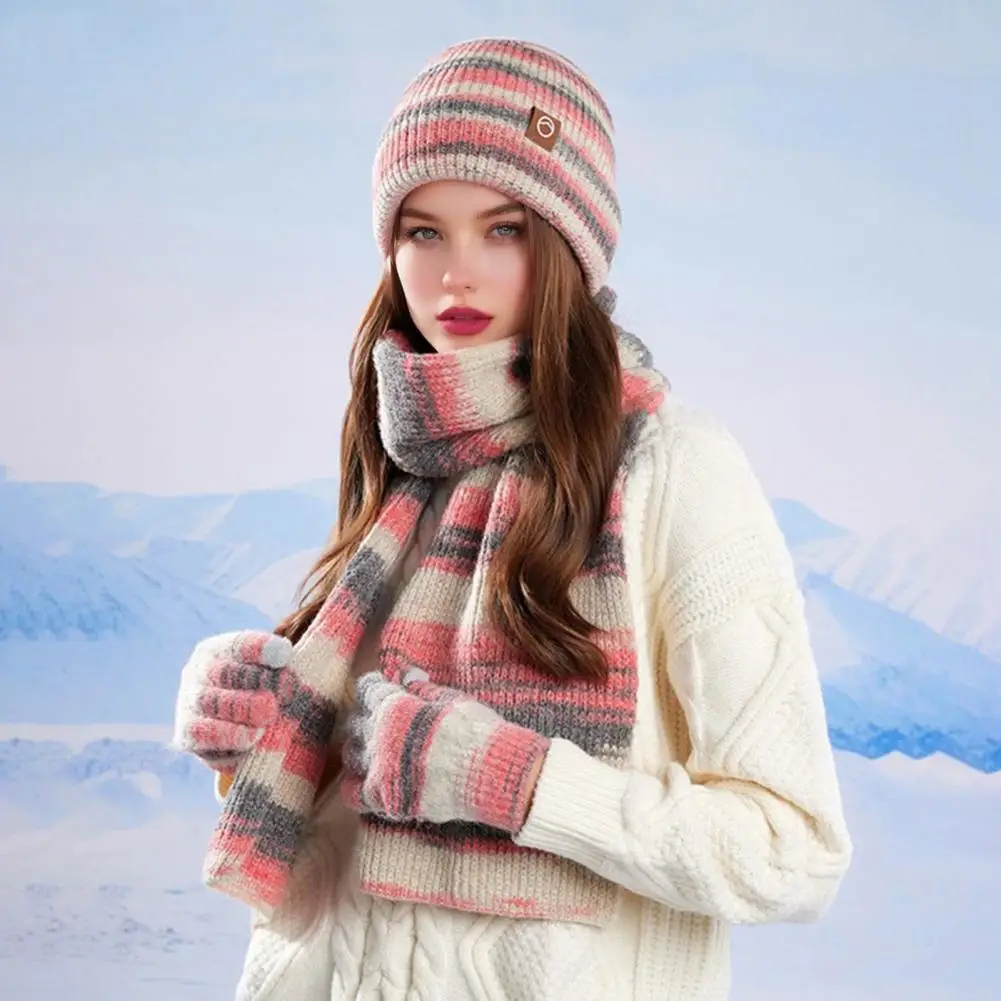 Breathable Brimless Hat Set 3pcs Women Winter Hat Scarf Gloves Set Thickened Velvet Lined Knitting Hat Long Warm Scarf
