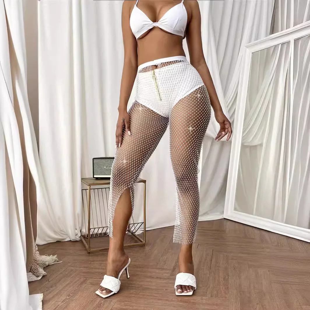 女性のセクシーなスプリットウエストバンドとメッシュダイヤモンド漁網パンツ付きスリミングストレートチューブ
