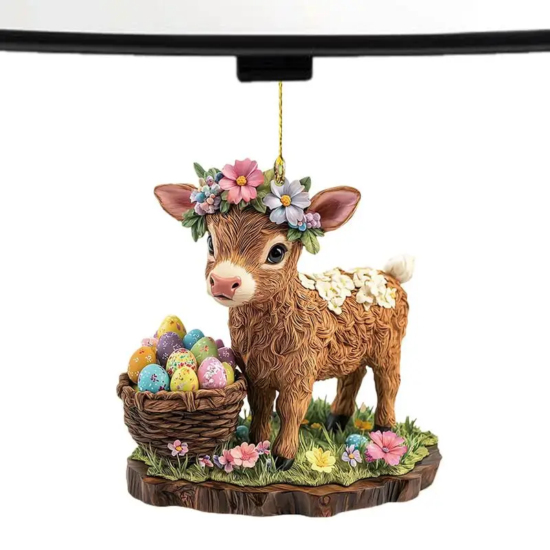 イースター牛キーホルダー飾りツリー漫画牛バニーぶら下げ装飾 2D アクリルペンダント車のバックミラーペンダント