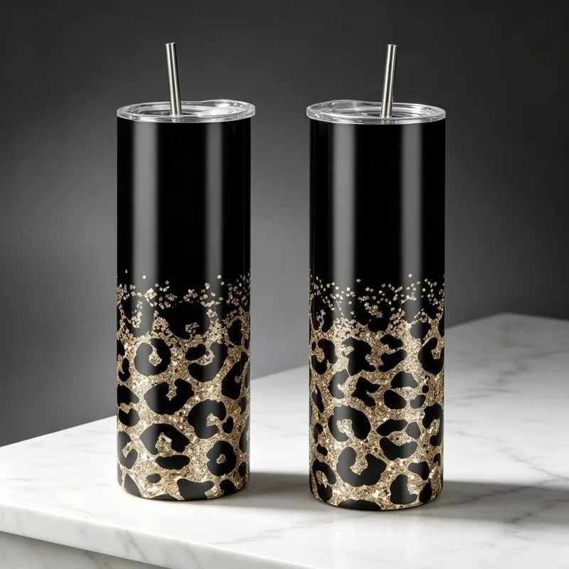 304 Stainless Steel Insulated Tumbler Gold Leopard Print Glitter Straight Vacuum Cup with Lid Straw Portable Travel