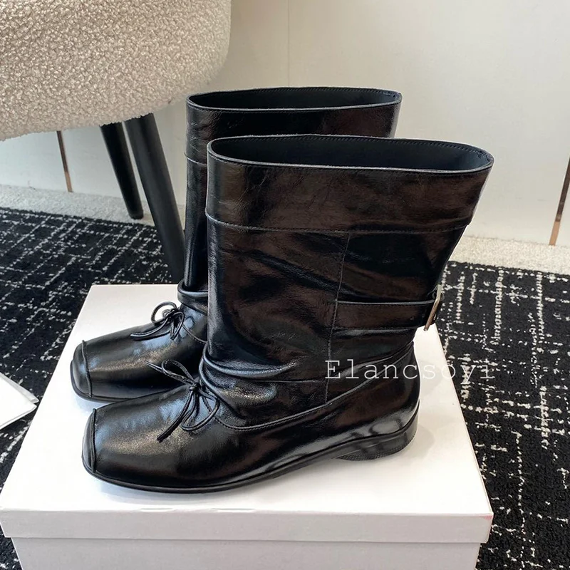 Square Toe Genuine Leather Bow Knot Short Boots Women Buckle Strap Design Mid Calf Boot Autumn Winter British Style Riding Boots