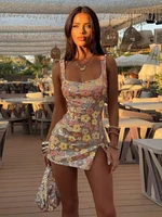 Mini vestido con estampado de flores coloridas de gato extraño para mujer, retales de lentejuelas, ajustado, sin espalda, sin mangas, tendencia de vacaciones, trajes elegantes