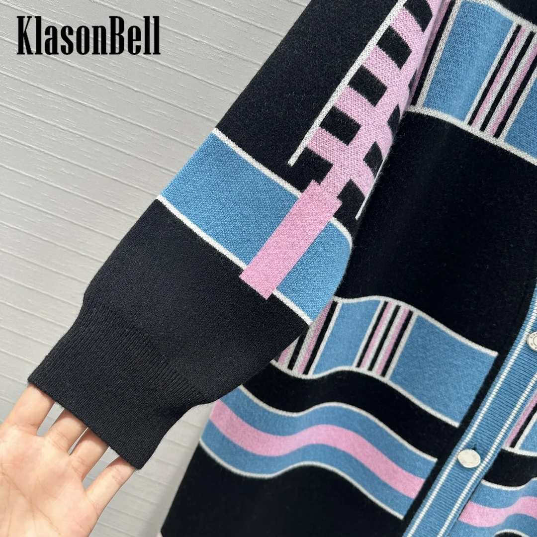 8.21 KlasonBell Women Elegant Fashion Geometric Striped Jacquard Cardigan Cashmere Knit Comfortable V-Neck Loose Long Coat