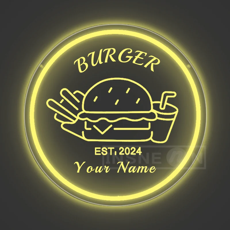 Customized Burger Neon Sign - USB-Powered LED Wall Art with Your Name Perfect for Restaurants, Diners, Offices, and Home Bars